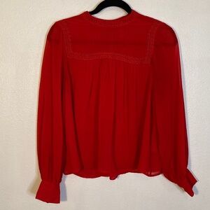 gap embroidered sheer bishop sleeve mock neck blouse